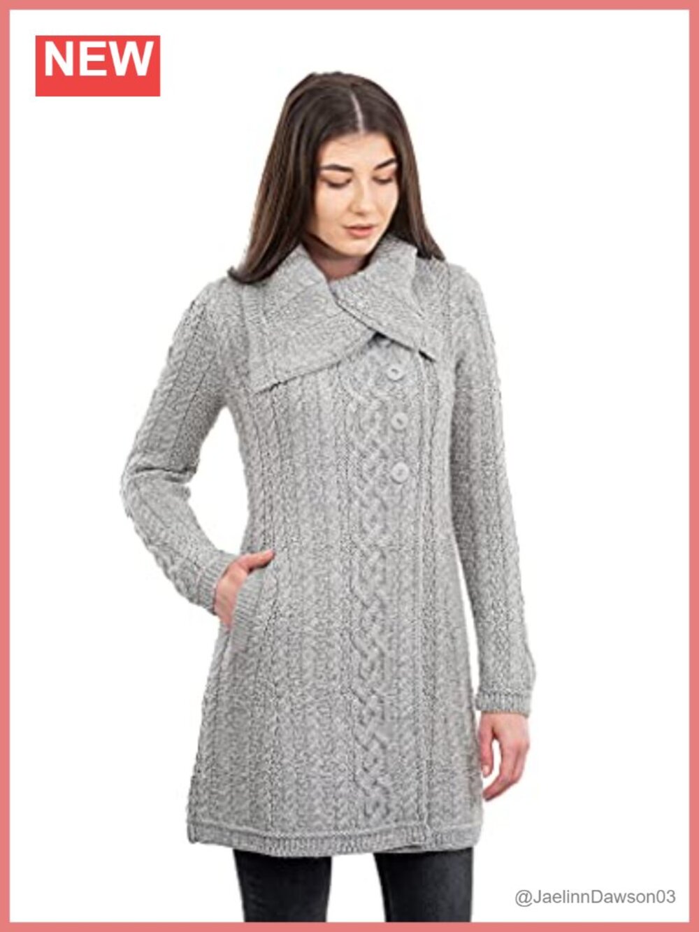 Merino Wool Blend Cardigan Sweater with Side Pockets and Oversized Collar